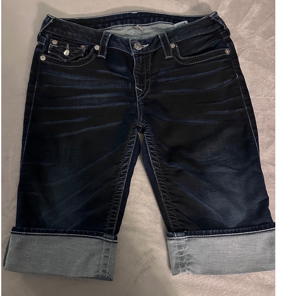 True Religion Womens Dark Wash Knee Length Bermuda Denim Shorts Size 30 Y2K